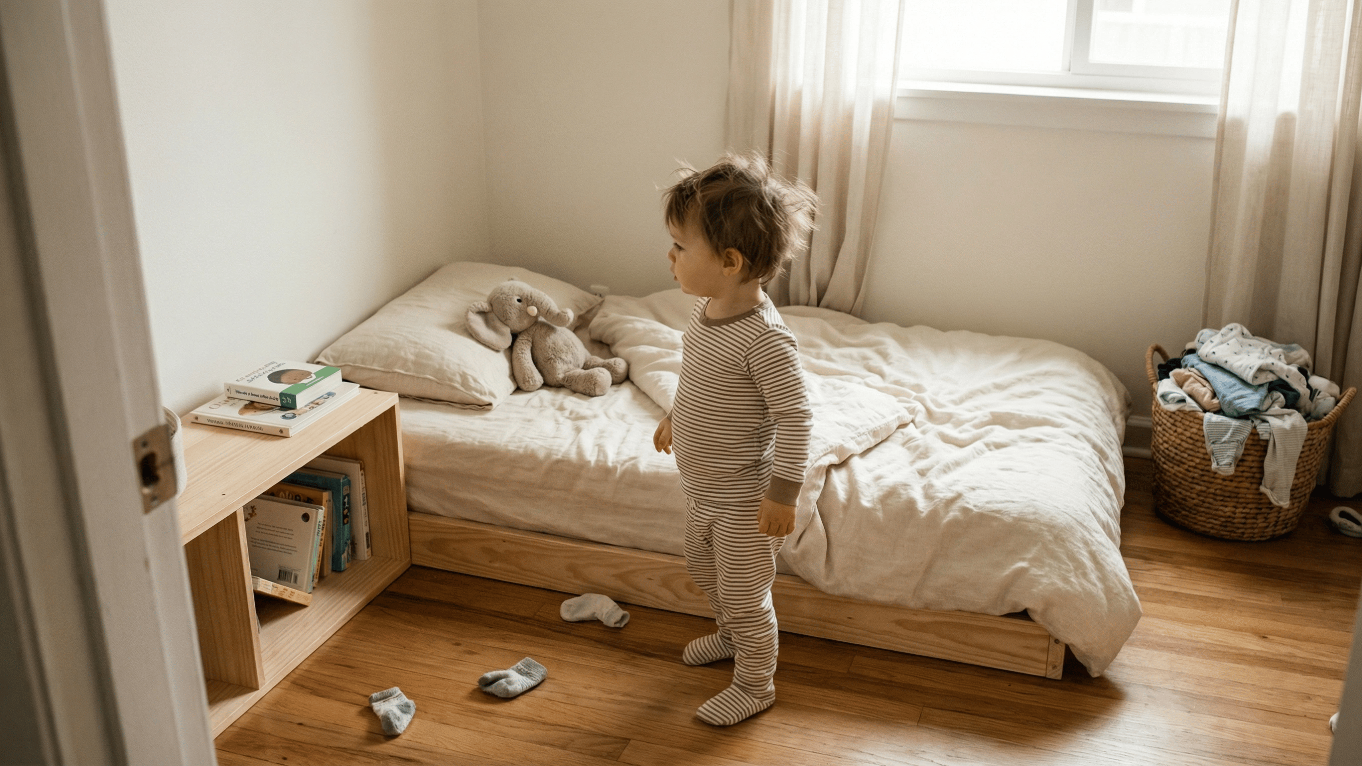 Montessori floor bed in calm Australian child’s room with low shelving and natural daylight
