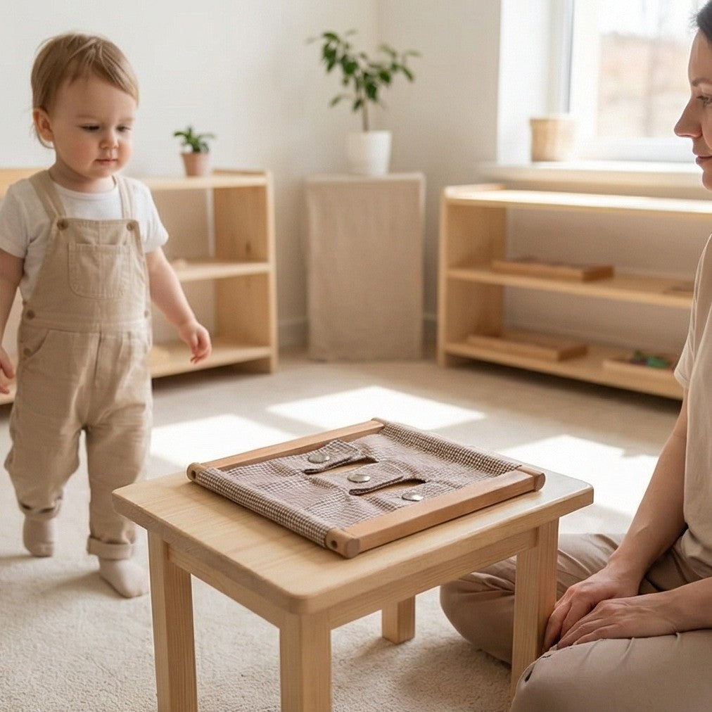 Child and adult in a room with wooden furniture and decor